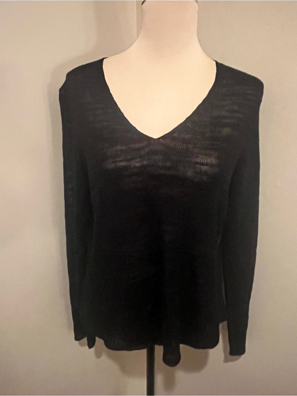 Eileen Fisher Black Open Knit V-Neck Lightweight Long Sleeve Sweater, Med